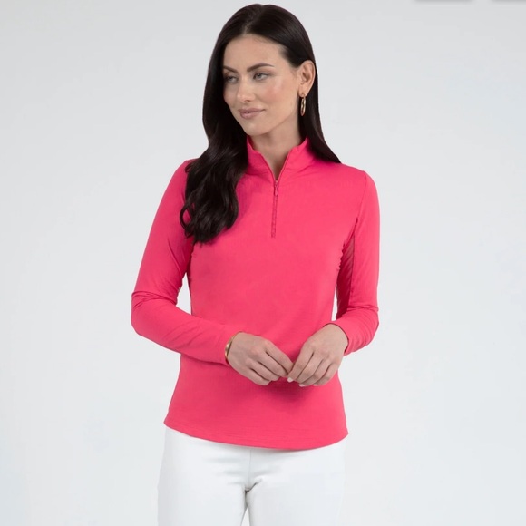 IBKUL WOMEN'S LONG SLEEVE MOCK NECK 1/4 ZIP TOP- WATERMELON - Picture 1 of 7